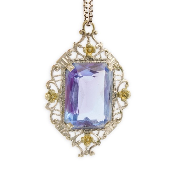 Vintage Art Deco Bicolor Glass Pendant Necklace Rhodium Plated Blue / Purple